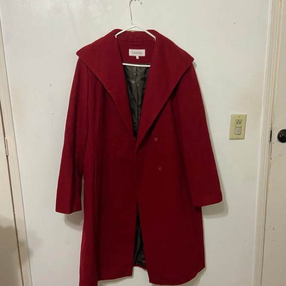Calvin Klein Red Wool Blend Double Breasted Coat Women Size 14 Shawl Collar Long - Picture 1 of 5